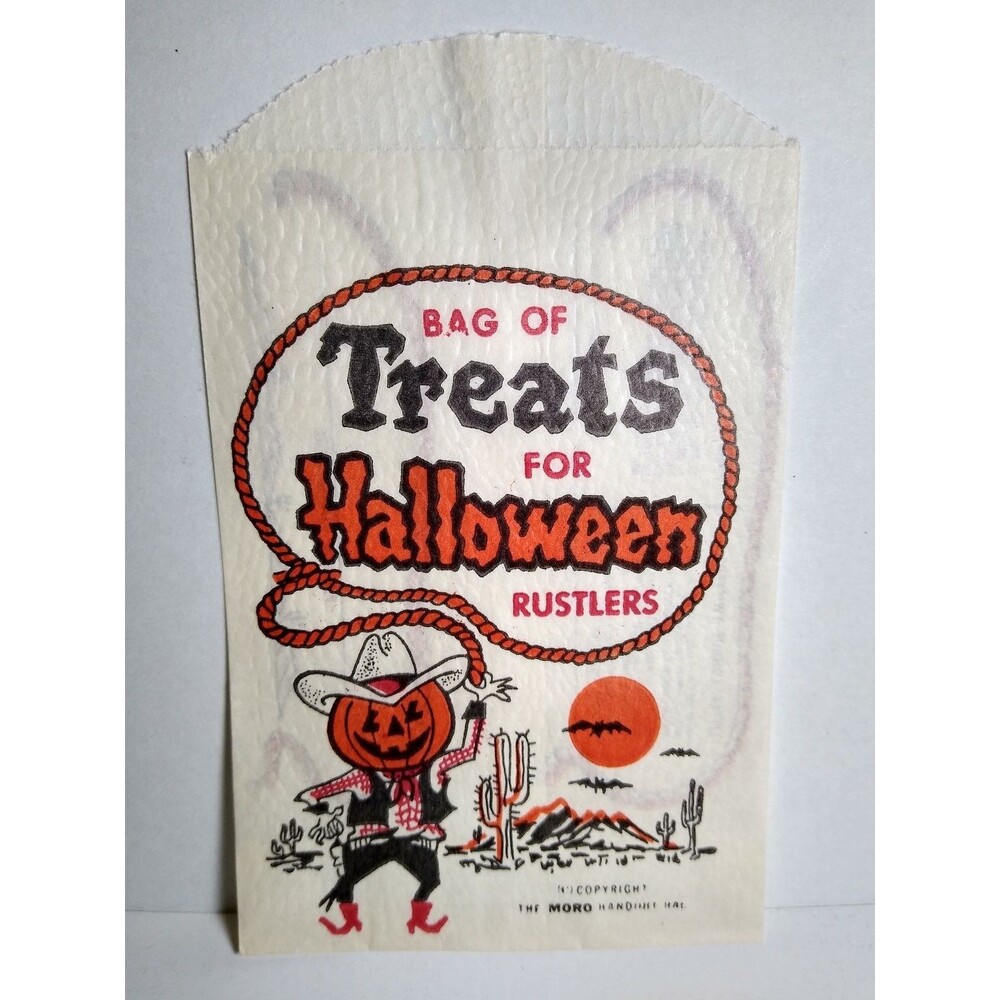 Moro Halloween Paper Treat Bag Pumpkin Goblin Western Cowboy Design 6in Vintage